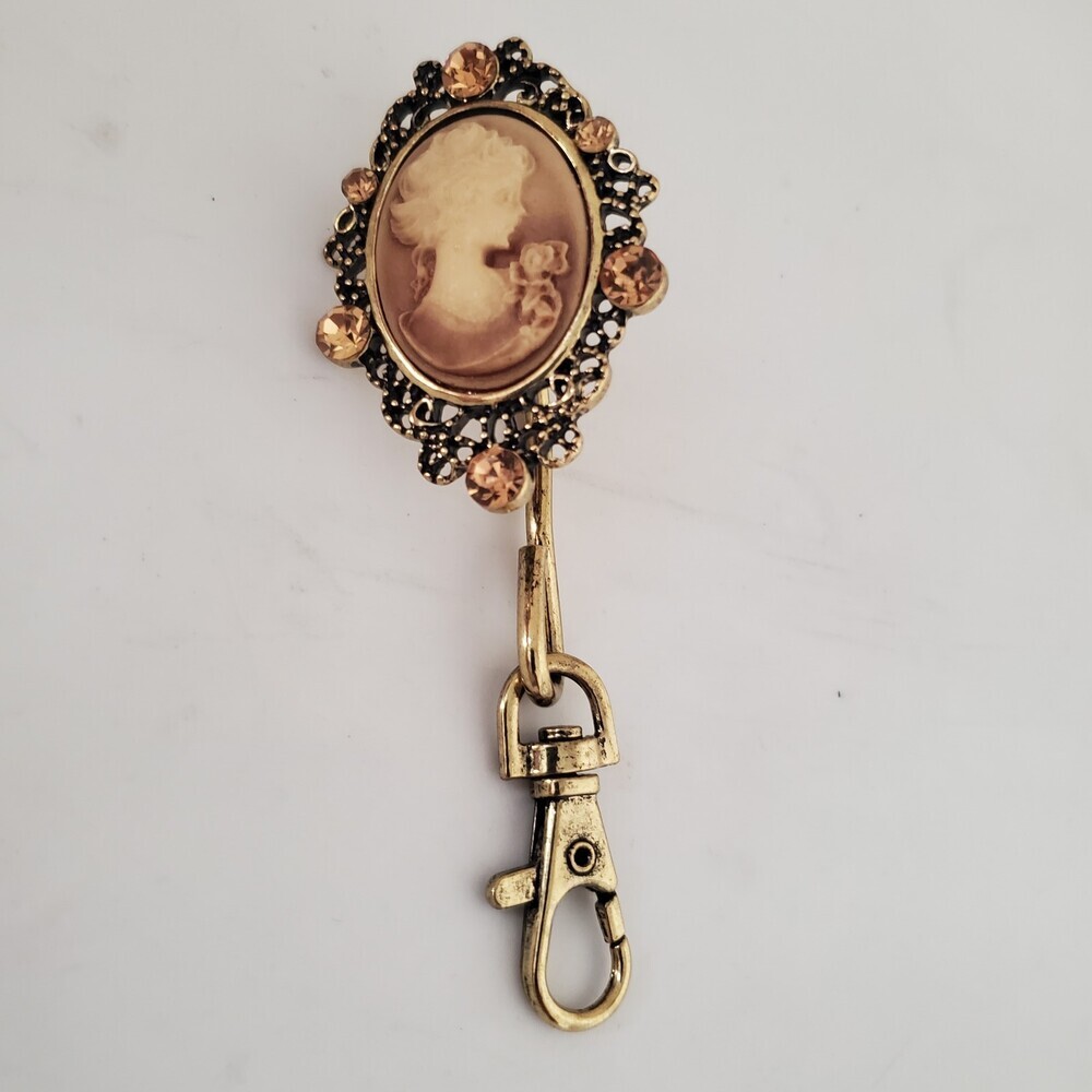 Vintage Style Cameo Brooch Pin with Rhinestones & Key Clip Holder Antique Gold